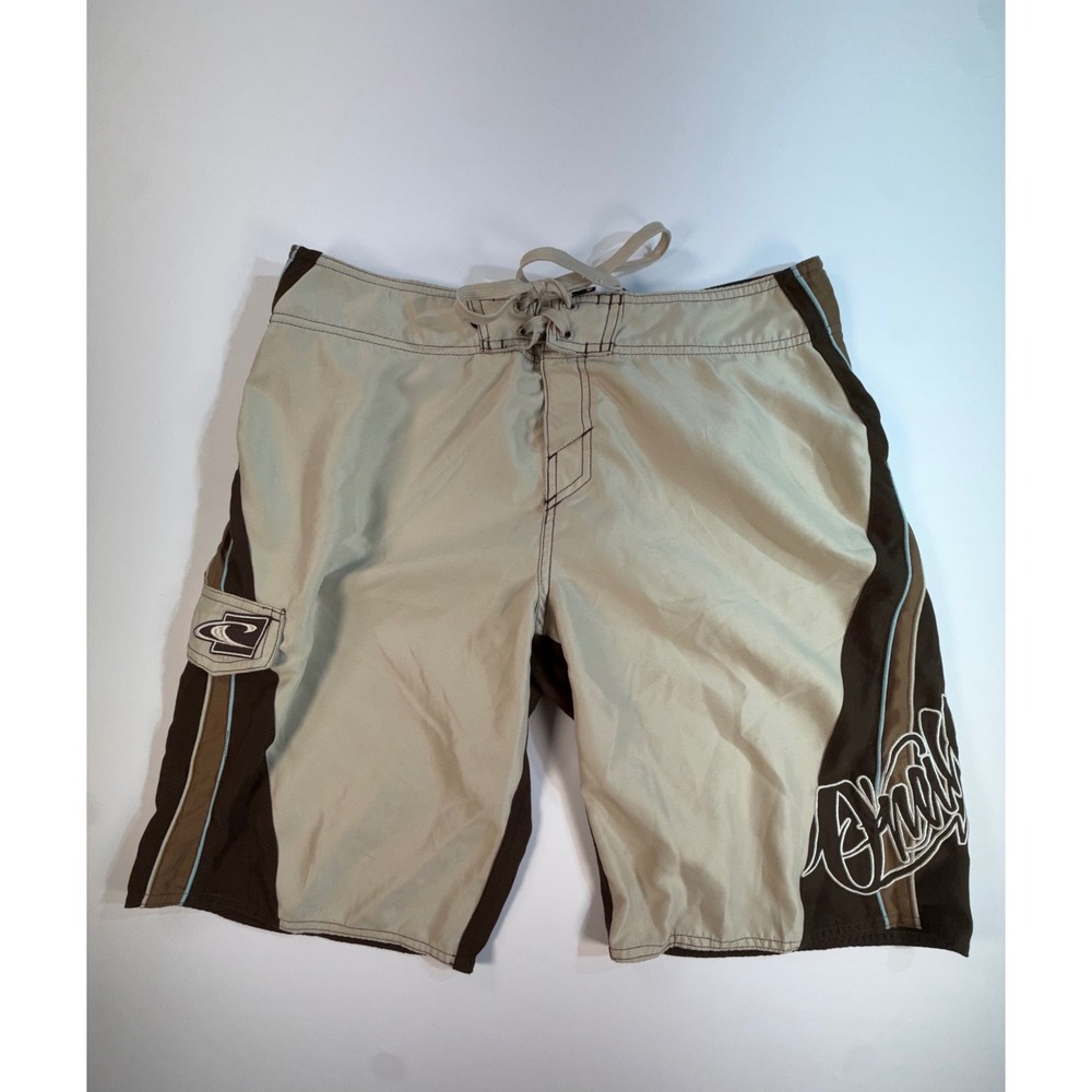 ONeill Mens Board Shorts 32 Brown Tan Surf Swim Trunks Cargo Pocket Embroidered